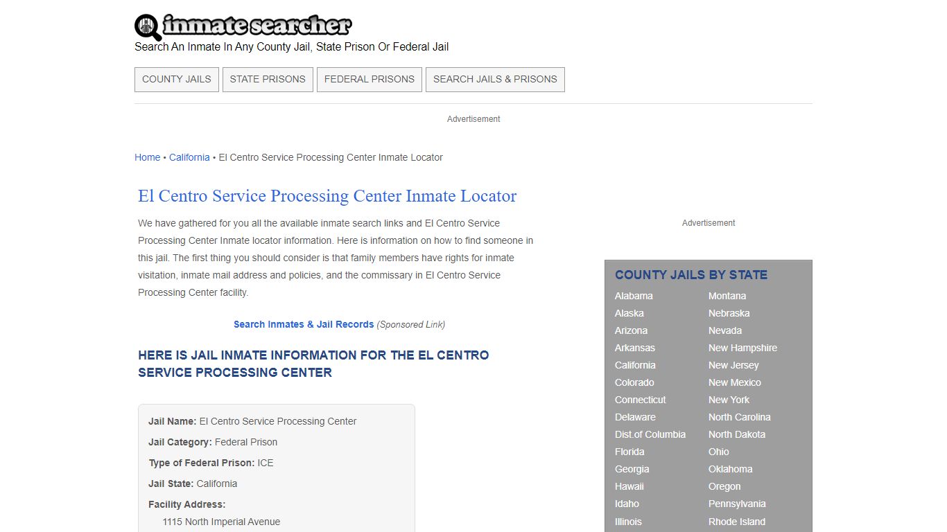 El Centro Service Processing Center Inmate Locator - Inmate Searcher